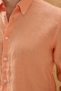 Men’s Orange Pure Linen Shirt Long Sleeve Button-Down Summer Shirt