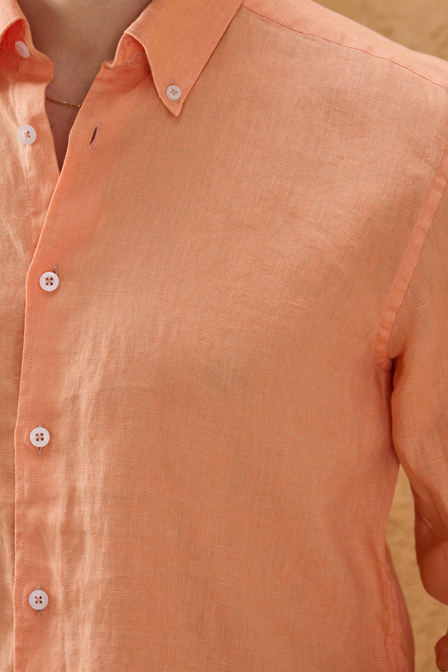 Men’s Orange Pure Linen Shirt Long Sleeve Button-Down Summer Shirt