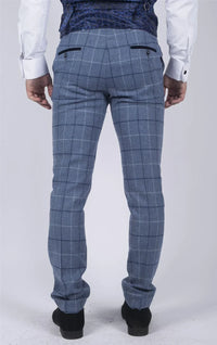 Mens Marc Darcy Light Blue Navy Check Trousers Smart Casual Tweed Slim Fit Clinton