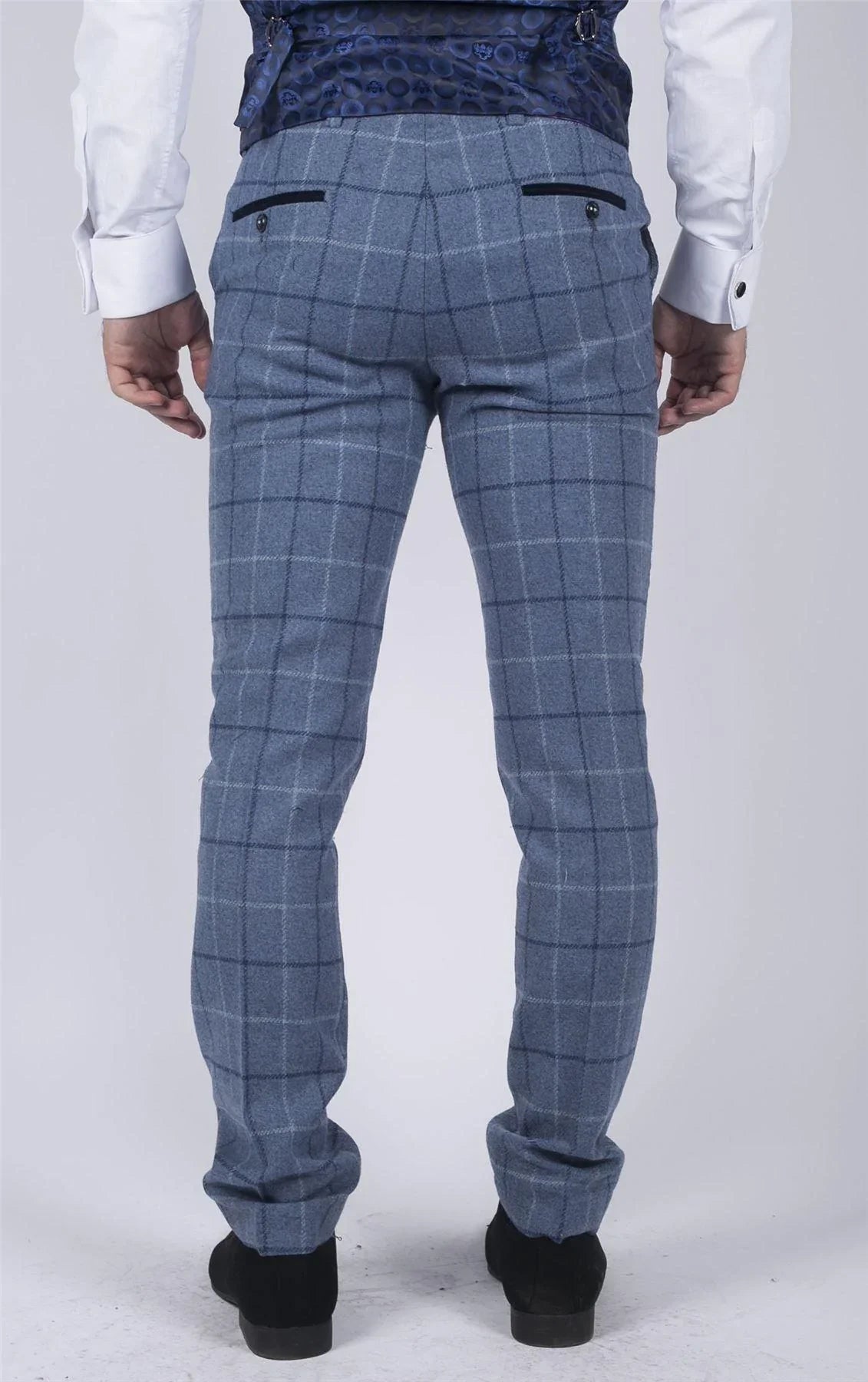Mens Marc Darcy Light Blue Navy Check Trousers Smart Casual Tweed Slim Fit Clinton