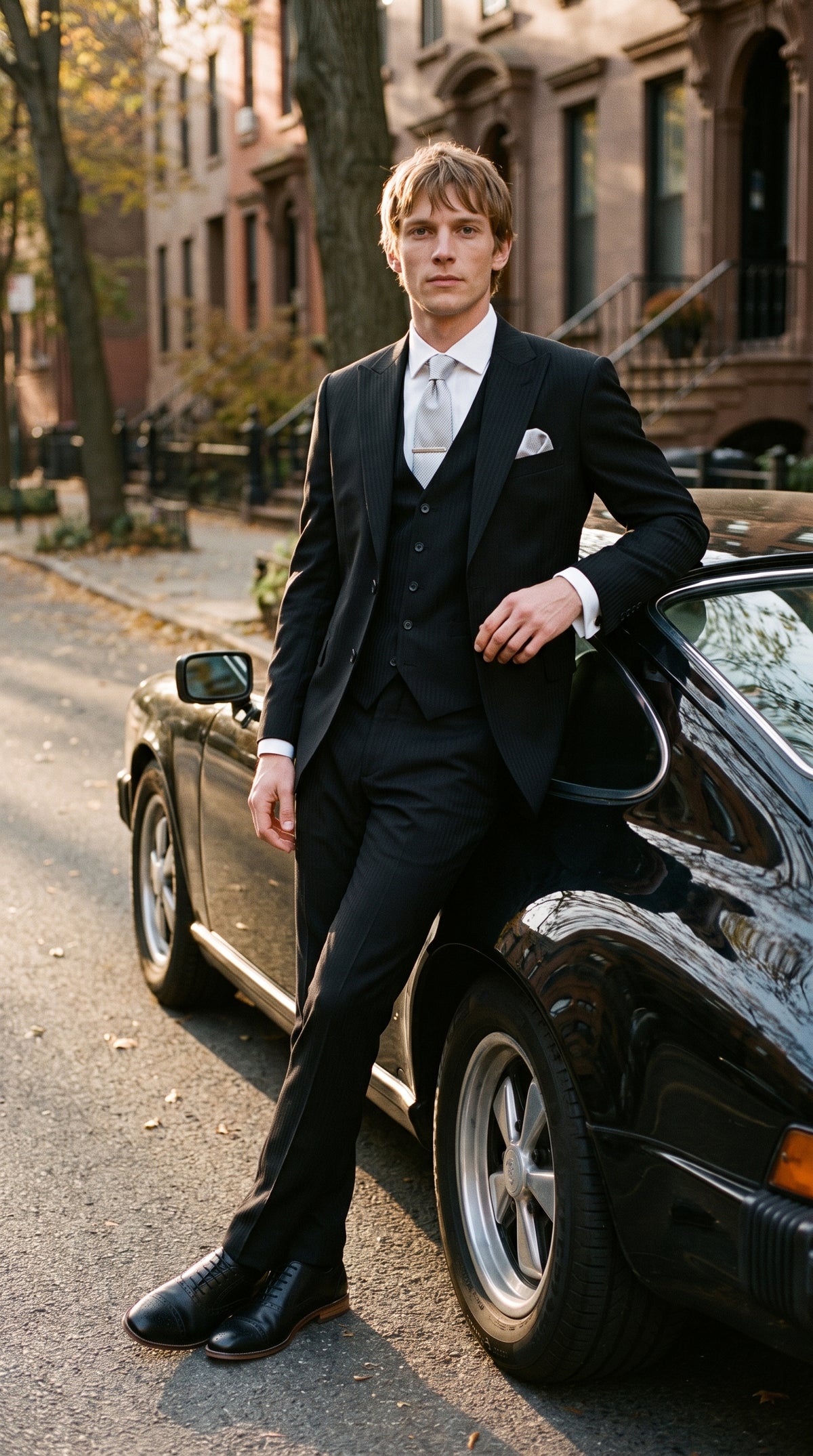 Look #819 styled with Roberto - Men's Black 3 Piece Shadow Stripes Wool Blend Suit