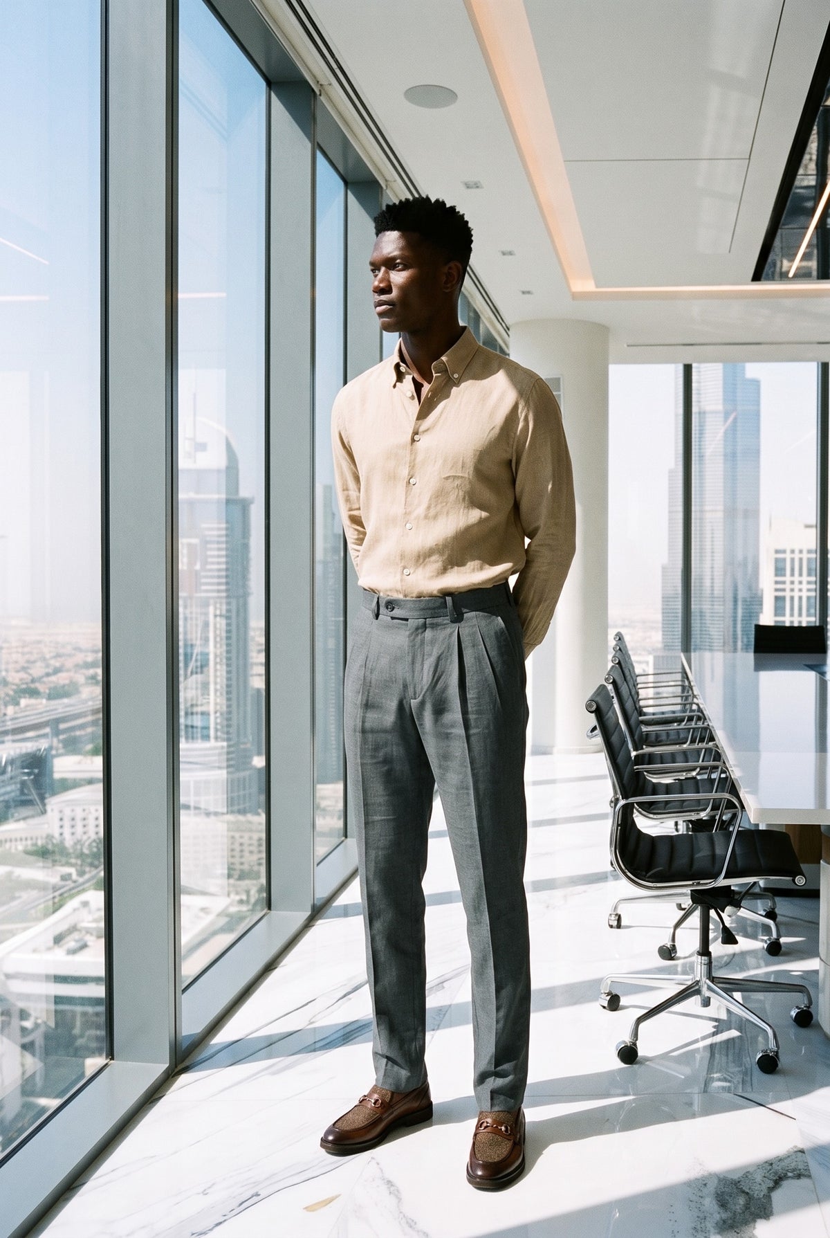 Look #1026 styled with Men’s Camel Brown Pure Linen Shirt Long Sleeve Button-Down Summer Shirt