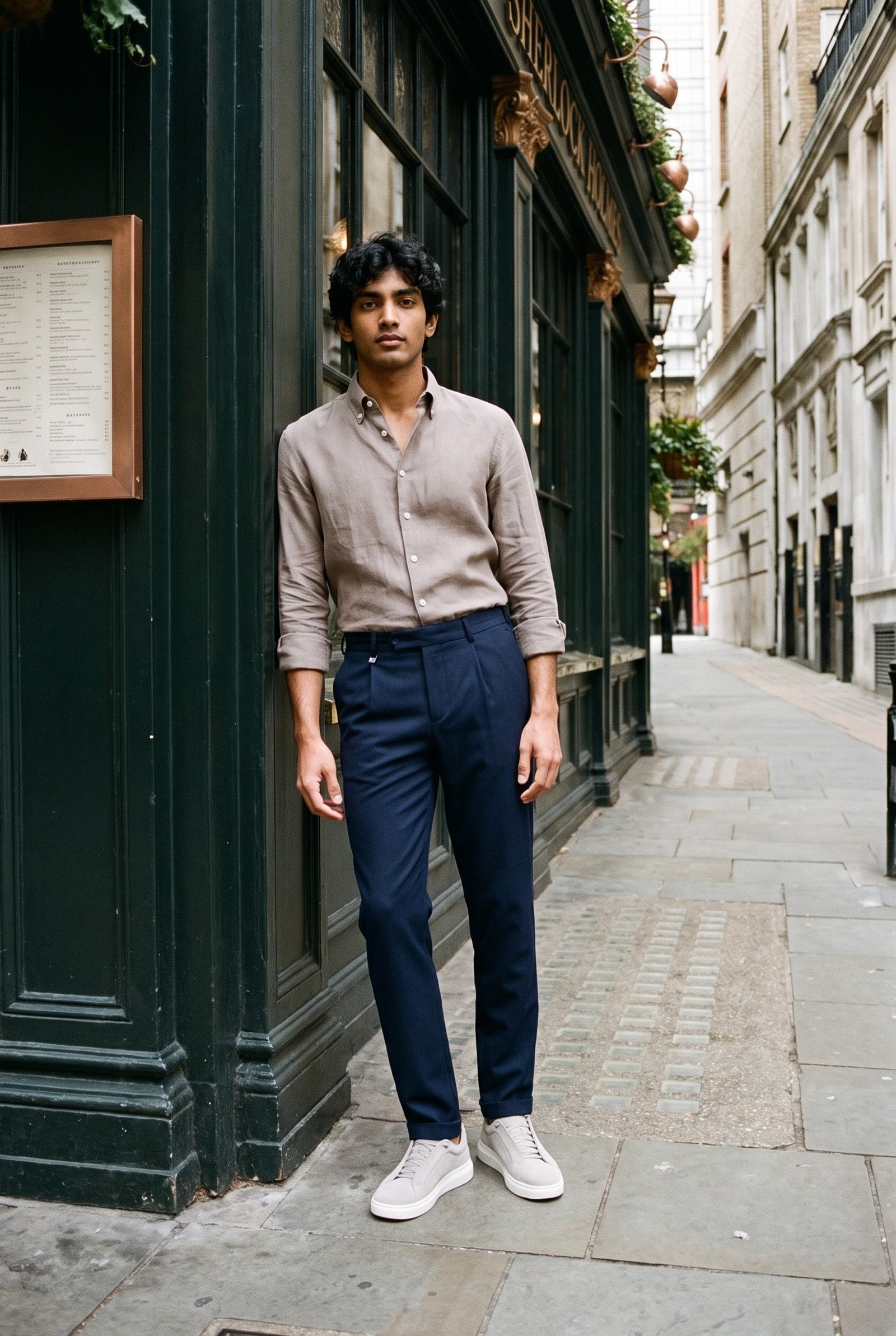 Look #1017 styled with Men’s Light Brown Pure Linen Shirt Long Sleeve Button-Down Summer Shirt