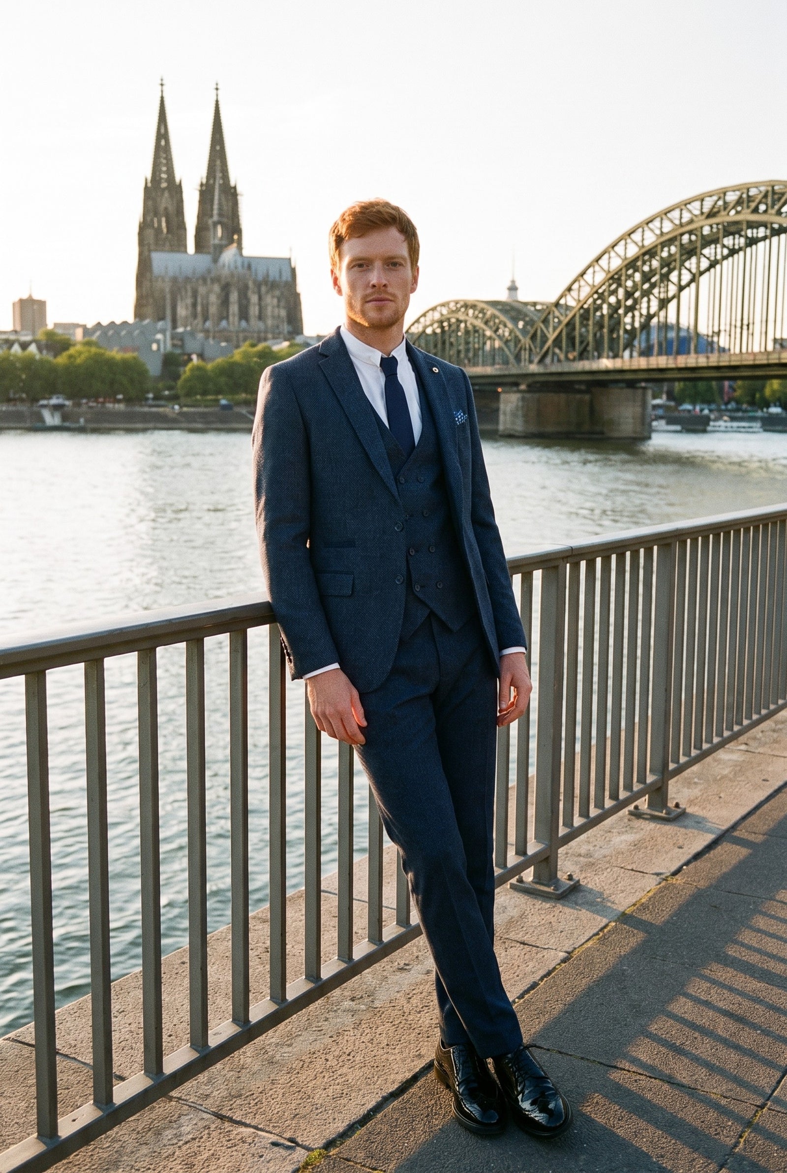 Look #382 styled with Mens 3 Piece Navy Suit with Double Breasted Waistcoat