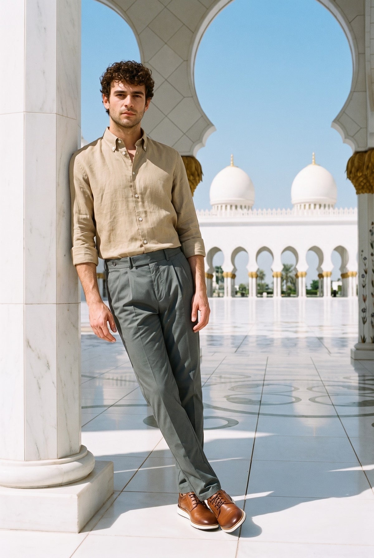 Look #1020 styled with Men’s Dark Beige Pure Linen Shirt Long Sleeve Button-Down Summer Shirt