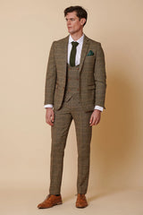Mens 3 Piece Herringbone Tweed Tan Brown Check Suit Tailored Fit Double Classic