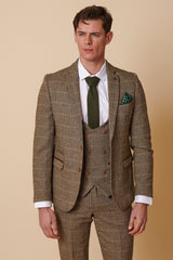Mens 3 Piece Herringbone Tweed Tan Brown Check Suit Tailored Fit Double Classic