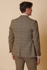 Mens 3 Piece Herringbone Tweed Tan Brown Check Suit Tailored Fit Double Classic