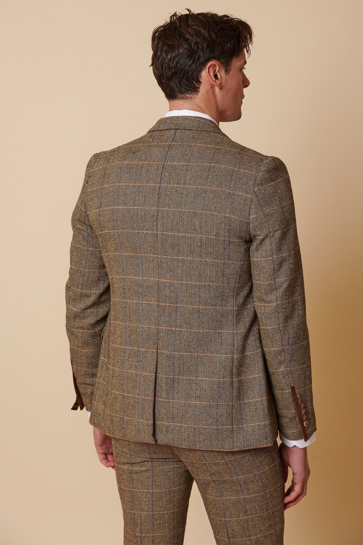 Mens 3 Piece Herringbone Tweed Tan Brown Check Suit Tailored Fit Double Classic