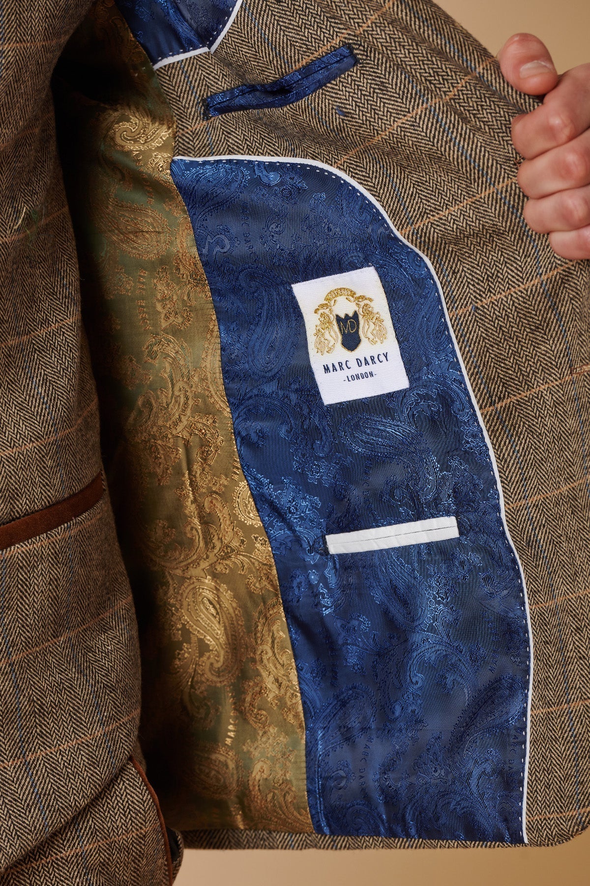 Mens 3 Piece Herringbone Tweed Tan Brown Check Suit Tailored Fit Double Classic