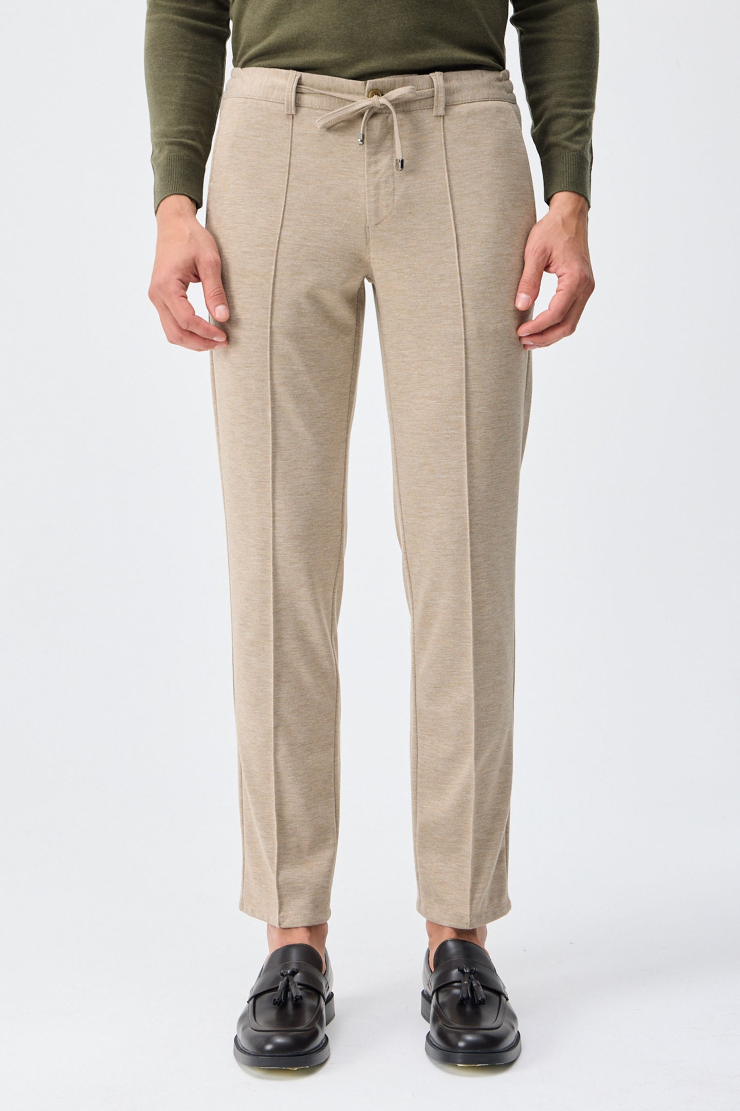 Men’s Taupe Oatmeal Beige Smart Drawstring Trousers Tailored Tapered Fit