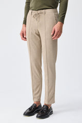 Men’s Taupe Oatmeal Beige Smart Drawstring Trousers Tailored Tapered Fit