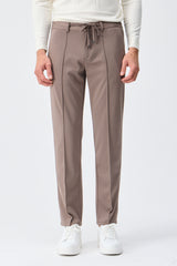 Men’s Taupe Brown Smart Drawstring Trousers Tailored Tapered Fit