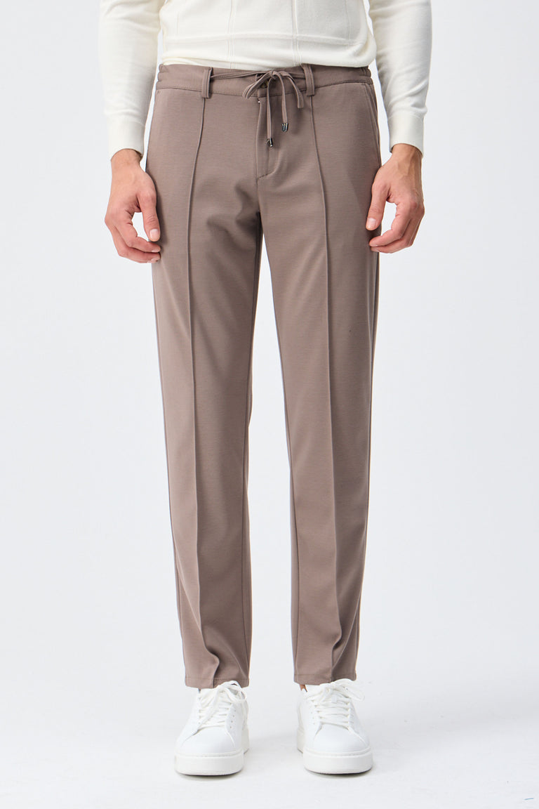 Men’s Taupe Brown Smart Drawstring Trousers Tailored Tapered Fit