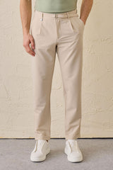Men’s Beige Pleated Gurkha Trousers Adjustable Waist Tailored Tapered Fit