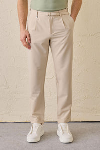 Men’s Beige Pleated Gurkha Trousers Adjustable Waist Tailored Tapered Fit