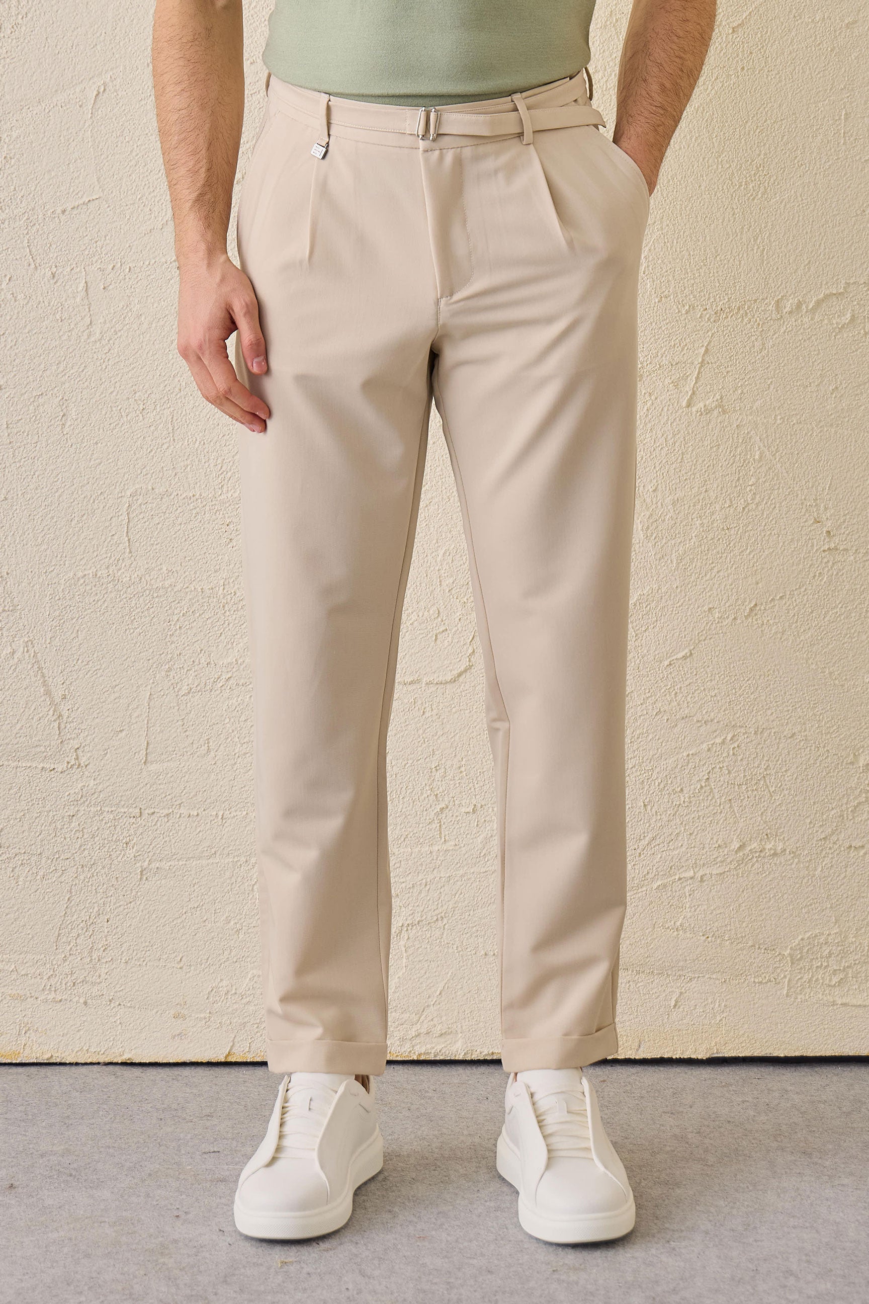 Men’s Beige Pleated Gurkha Trousers Adjustable Waist Tailored Tapered Fit