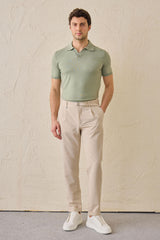 Men’s Beige Pleated Gurkha Trousers Adjustable Waist Tailored Tapered Fit