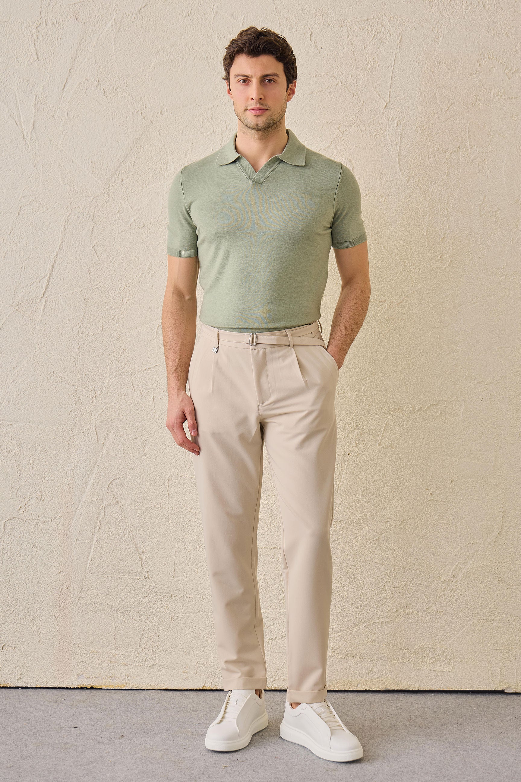 Men’s Beige Pleated Gurkha Trousers Adjustable Waist Tailored Tapered Fit