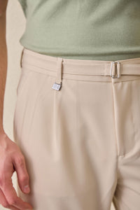 Men’s Beige Pleated Gurkha Trousers Adjustable Waist Tailored Tapered Fit