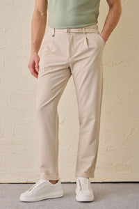 Men’s Beige Pleated Gurkha Trousers Adjustable Waist Tailored Tapered Fit