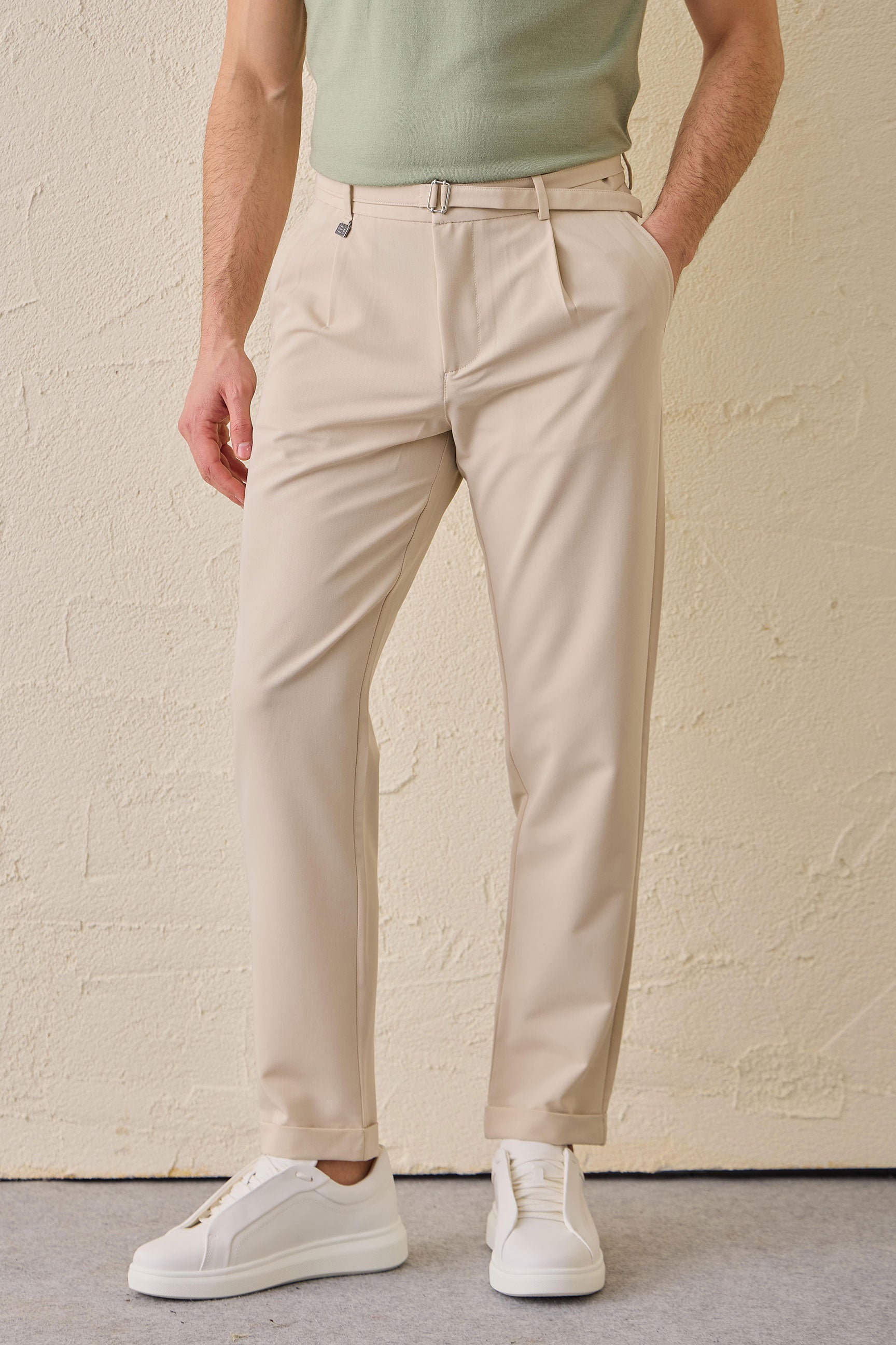 Men’s Beige Pleated Gurkha Trousers Adjustable Waist Tailored Tapered Fit