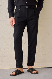 Men’s Black Pleated Gurkha Trousers Adjustable Waist Tailored Tapered Fit