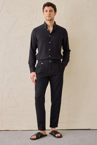 Men’s Black Pleated Gurkha Trousers Adjustable Waist Tailored Tapered Fit
