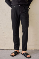 Men’s Black Pleated Gurkha Trousers Adjustable Waist Tailored Tapered Fit