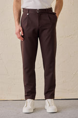 Men’s Brown Pleated Gurkha Trousers Adjustable Waist Tailored Tapered Fit