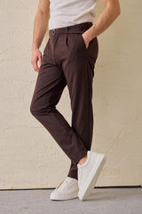 Men’s Brown Pleated Gurkha Trousers Adjustable Waist Tailored Tapered Fit