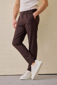 Men’s Brown Pleated Gurkha Trousers Adjustable Waist Tailored Tapered Fit