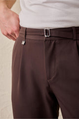 Men’s Brown Pleated Gurkha Trousers Adjustable Waist Tailored Tapered Fit