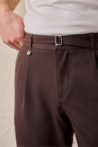 Men’s Brown Pleated Gurkha Trousers Adjustable Waist Tailored Tapered Fit