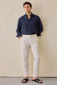 Men’s Cream Pleated Gurkha Trousers Adjustable Waist Tailored Tapered Fit