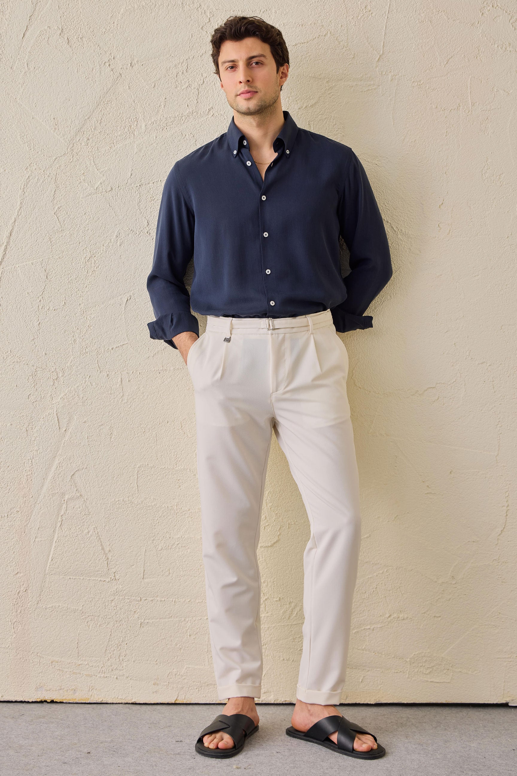 Men’s Cream Pleated Gurkha Trousers Adjustable Waist Tailored Tapered Fit