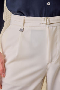 Men’s Cream Pleated Gurkha Trousers Adjustable Waist Tailored Tapered Fit