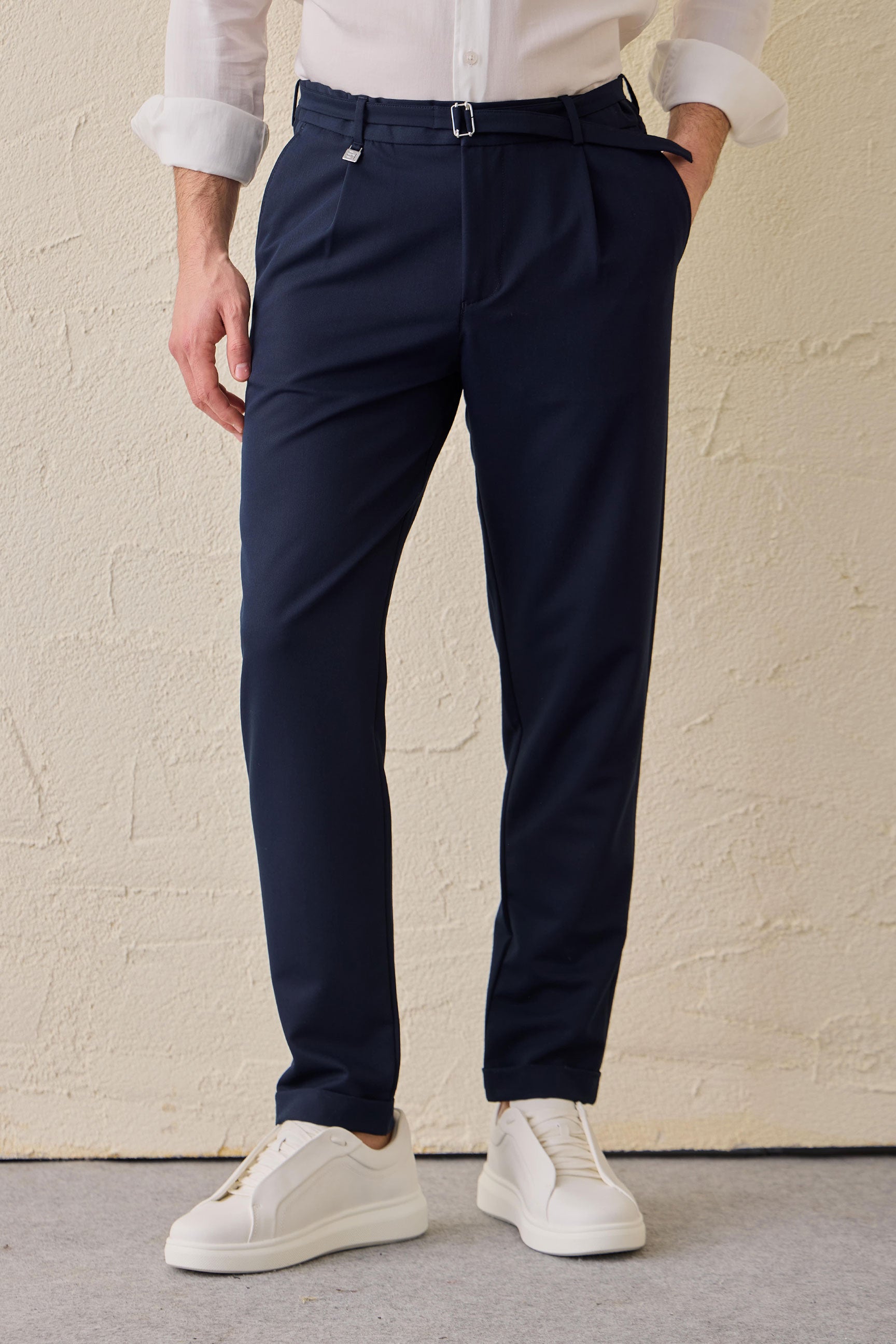 Men’s Navy Pleated Gurkha Trousers Adjustable Waist Tailored Tapered Fit