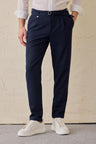 Men’s Navy Pleated Gurkha Trousers Adjustable Waist Tailored Tapered Fit