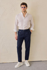 Men’s Navy Pleated Gurkha Trousers Adjustable Waist Tailored Tapered Fit