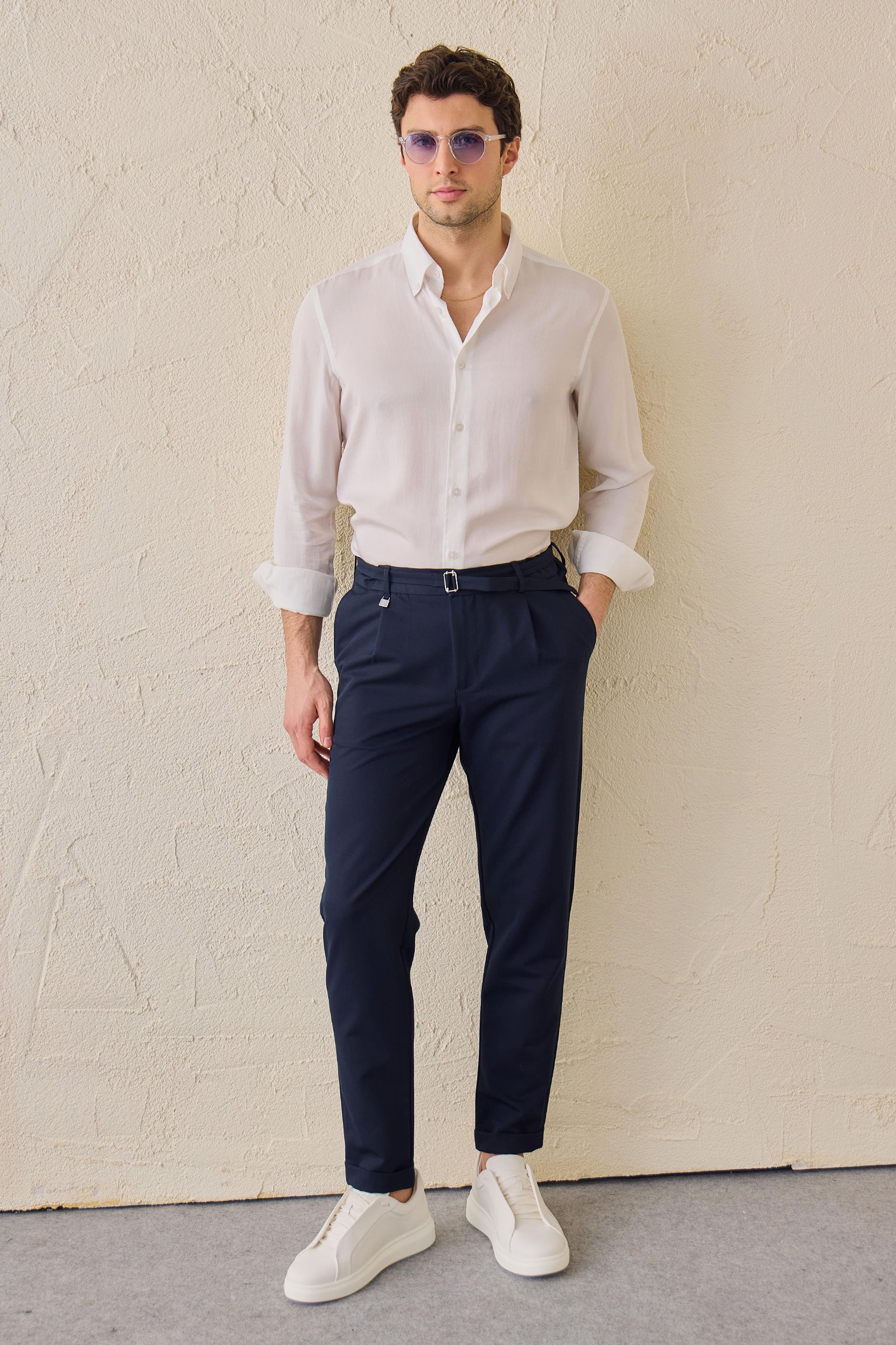Men’s Navy Pleated Gurkha Trousers Adjustable Waist Tailored Tapered Fit