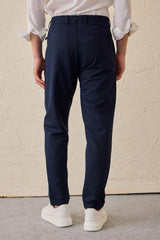 Men’s Navy Pleated Gurkha Trousers Adjustable Waist Tailored Tapered Fit