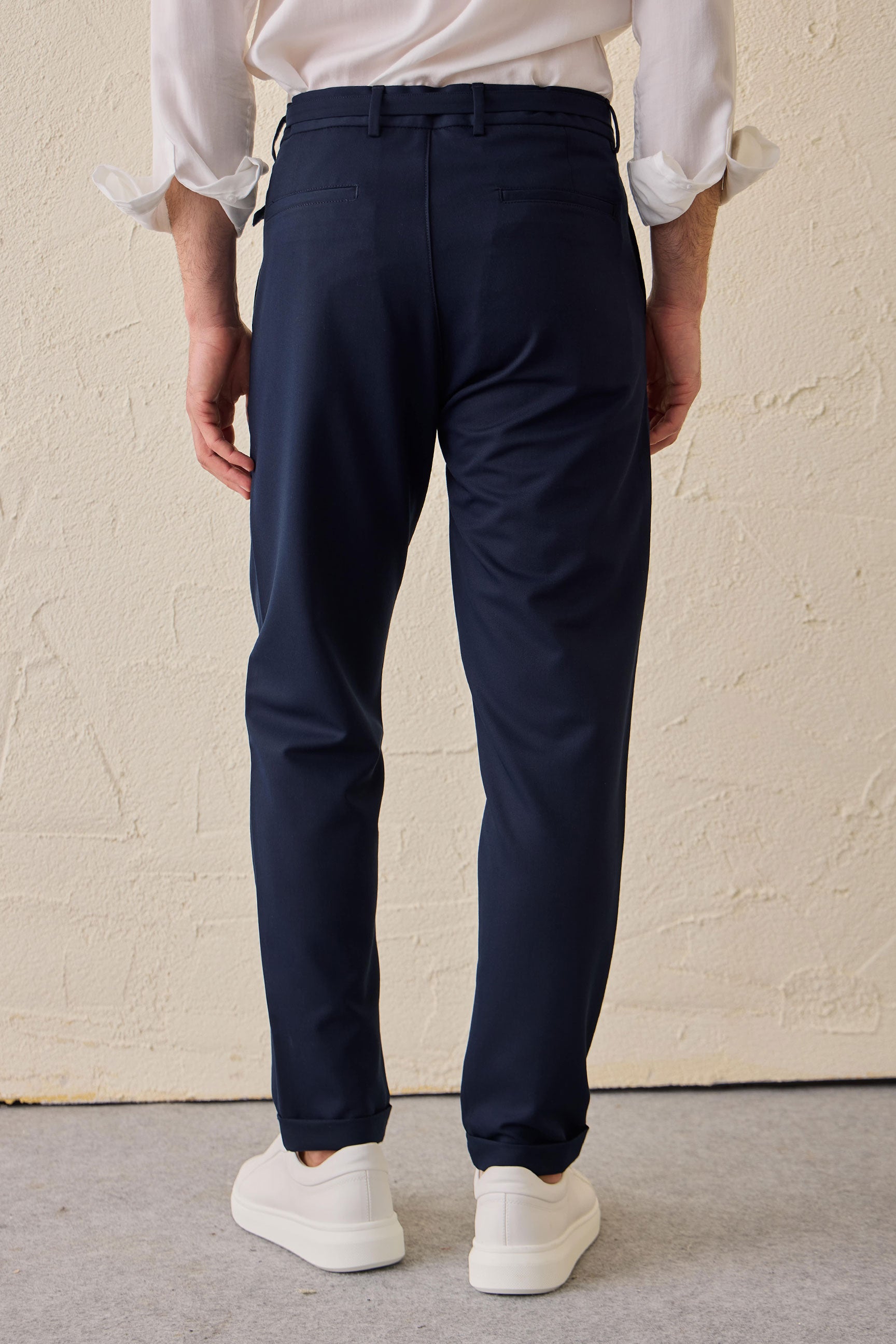 Men’s Navy Pleated Gurkha Trousers Adjustable Waist Tailored Tapered Fit
