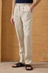 Men’s Beige 100% Linen Pleated Drawstring Trousers Relaxed Straight Fit