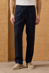 Men’s Navy 100% Linen Pleated Drawstring Trousers Relaxed Straight Fit
