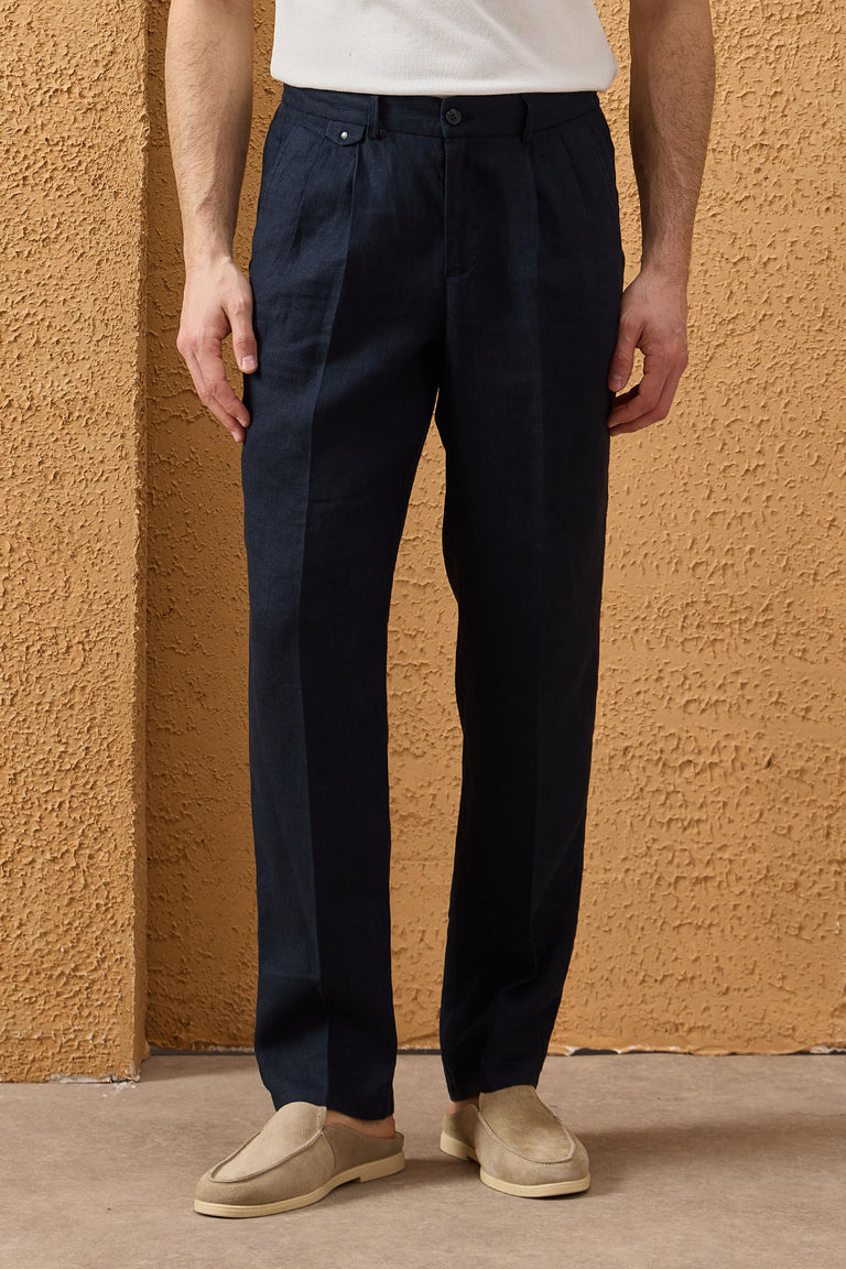 Men’s Navy 100% Linen Pleated Drawstring Trousers Relaxed Straight Fit