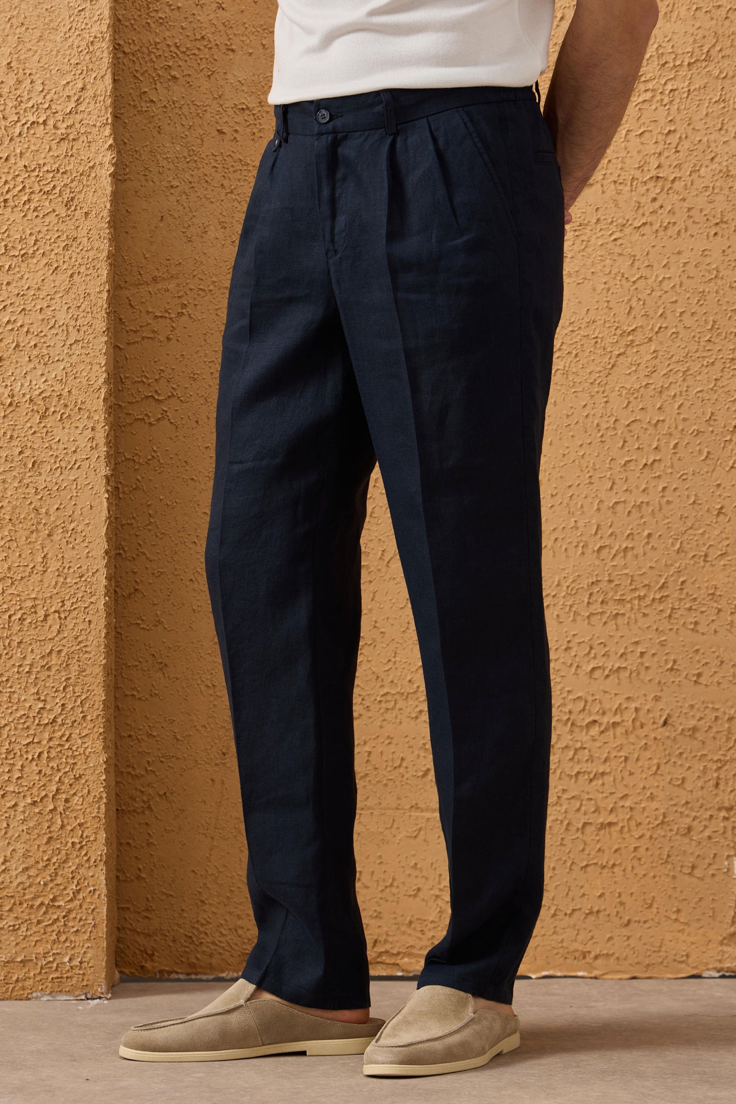 Men’s Navy 100% Linen Pleated Drawstring Trousers Relaxed Straight Fit
