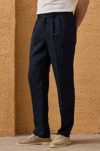 Men’s Navy 100% Linen Pleated Drawstring Trousers Relaxed Straight Fit