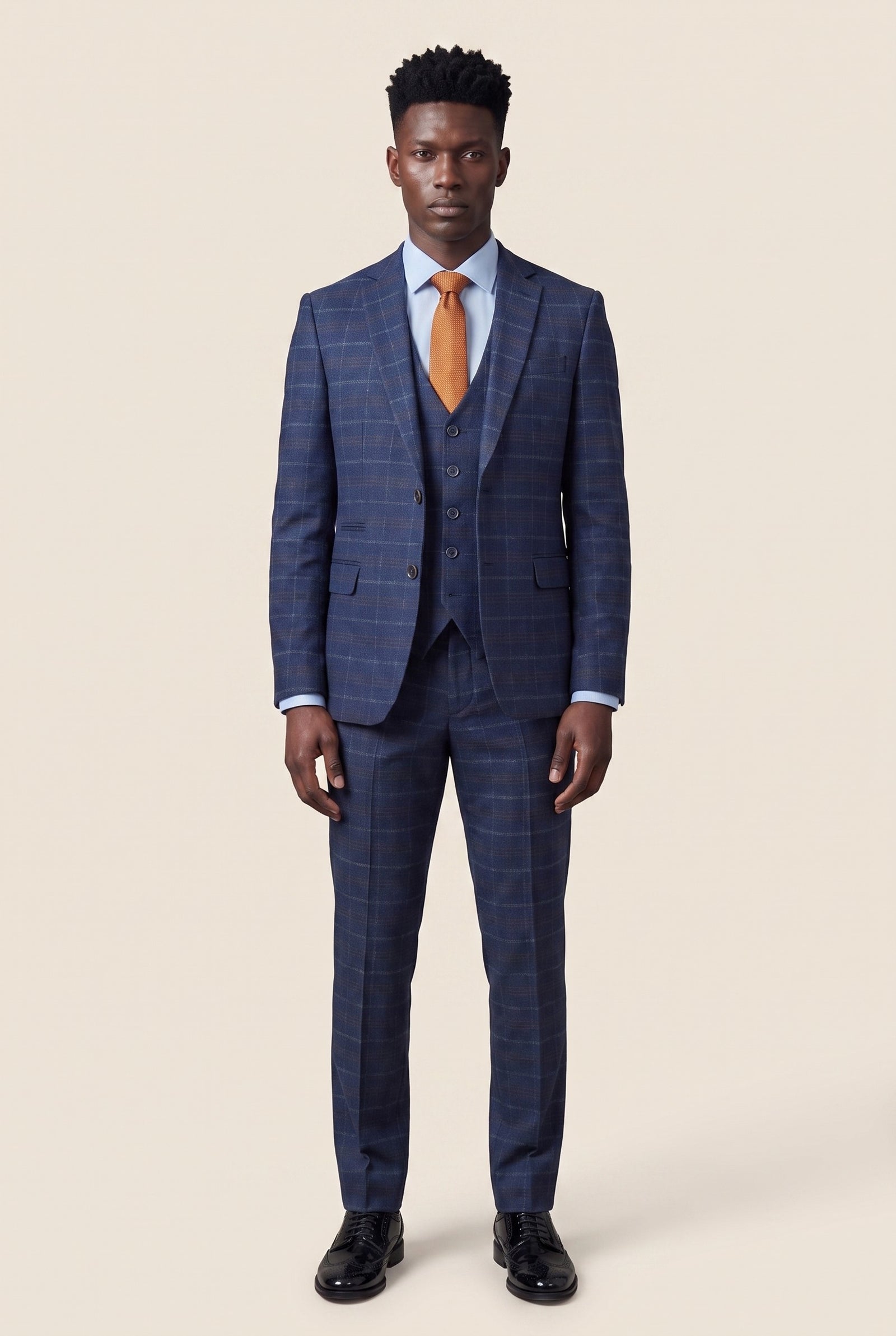 Look #979 styled with Mens Navy-Blue Check 3 Piece Suit - Paul Andrew Kenneth