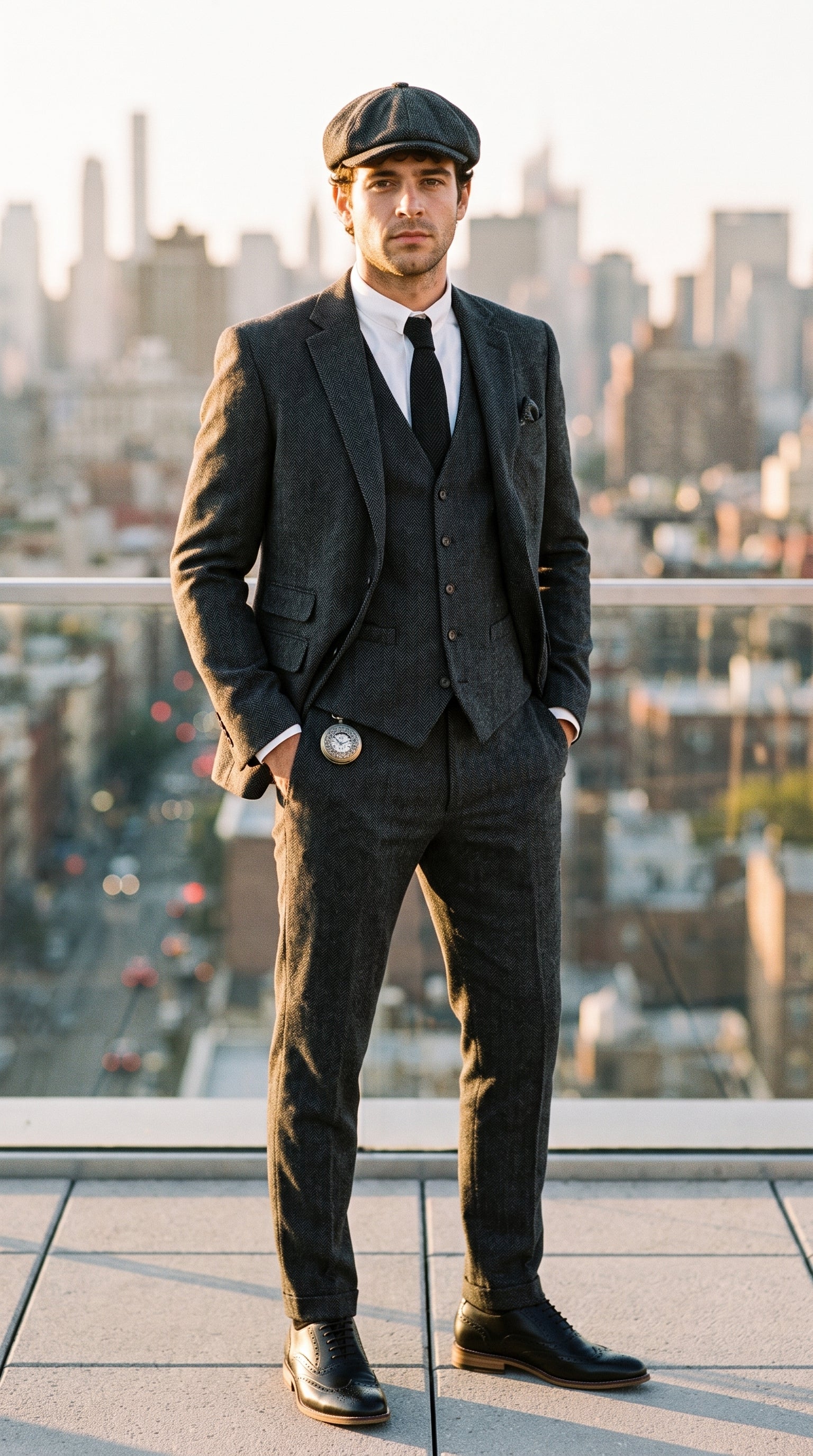 Look #830 styled with Men's Tweed Charcoal Tie Hankie Set Classic British Heritage Wool Herringbone